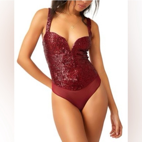 Intimately FREE PEOPLE Red Sparks Fly Sequin Sweetheart Neckline Corset SZ S NWT - Picture 1 of 7